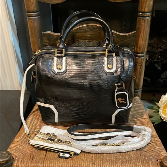 Alice + Olivia Handbags - Alice and Olivia Black and White Structured Satchel with Gold Accents